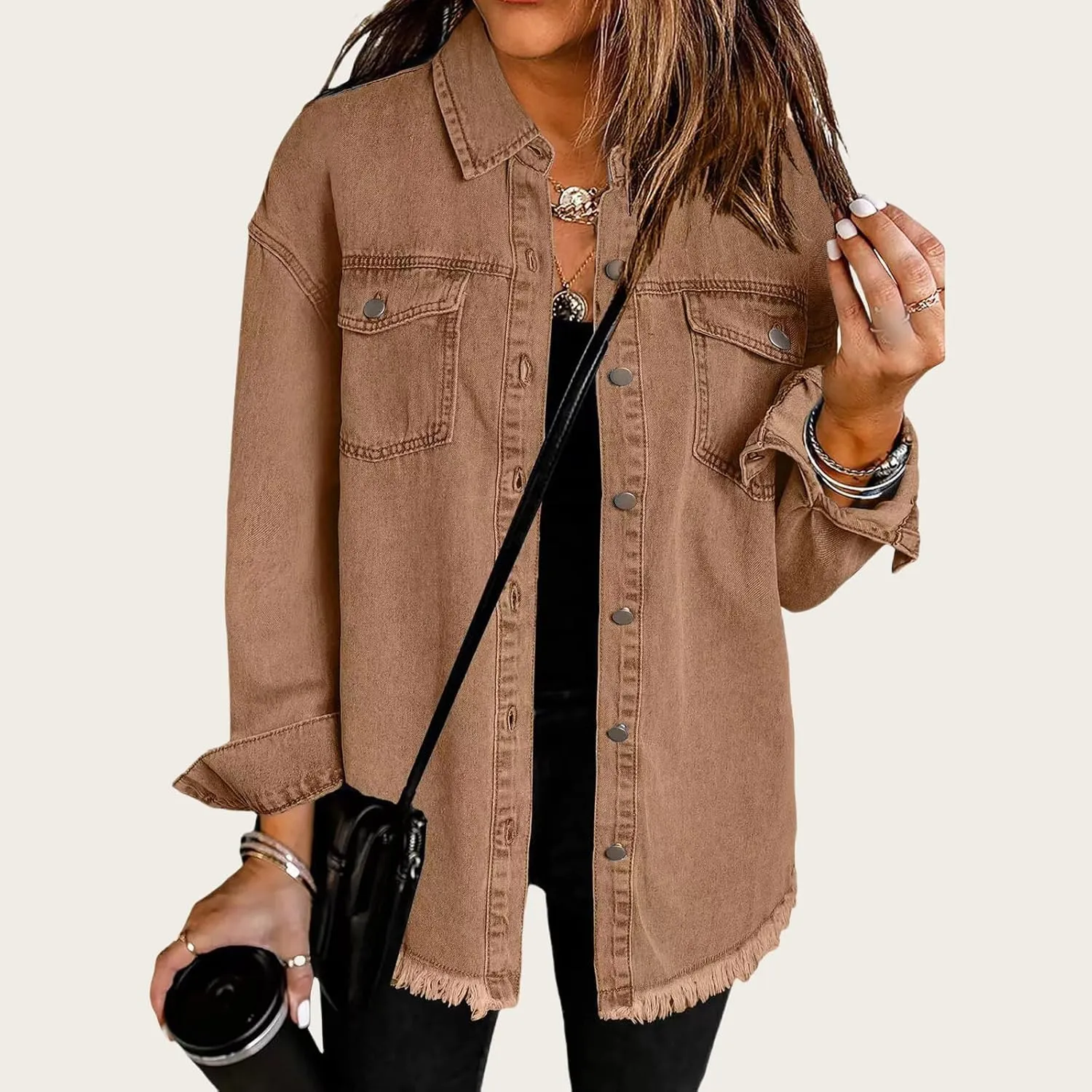 Womens Oversized Denim Jacket Casual Long Boyfriend Button Down Distressed Jean Jacket Fall Shacket Jacket