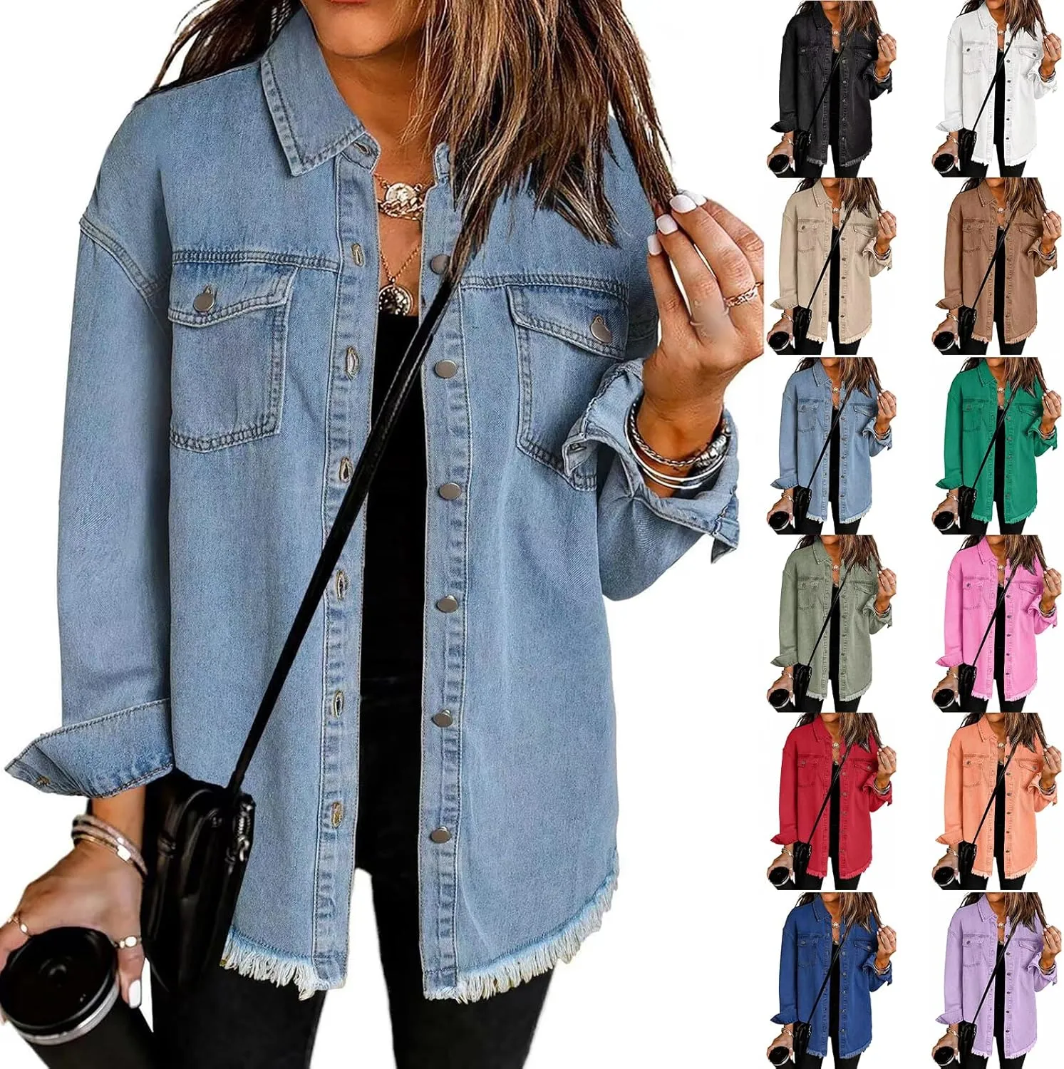 Womens Oversized Denim Jacket Casual Long Boyfriend Button Down Distressed Jean Jacket Fall Shacket Jacket