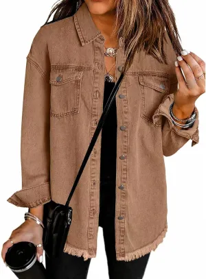 Womens Oversized Denim Jacket Casual Long Boyfriend Button Down Distressed Jean Jacket Fall Shacket Jacket