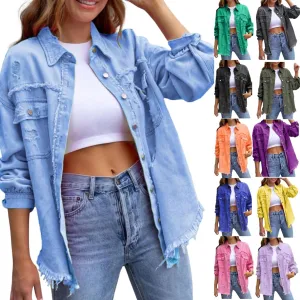 Women's Oversized Ripped Denim Jacket Button Down Boyfriend Jean Coat Casual Long Shacket Trucker Jacket Autumn