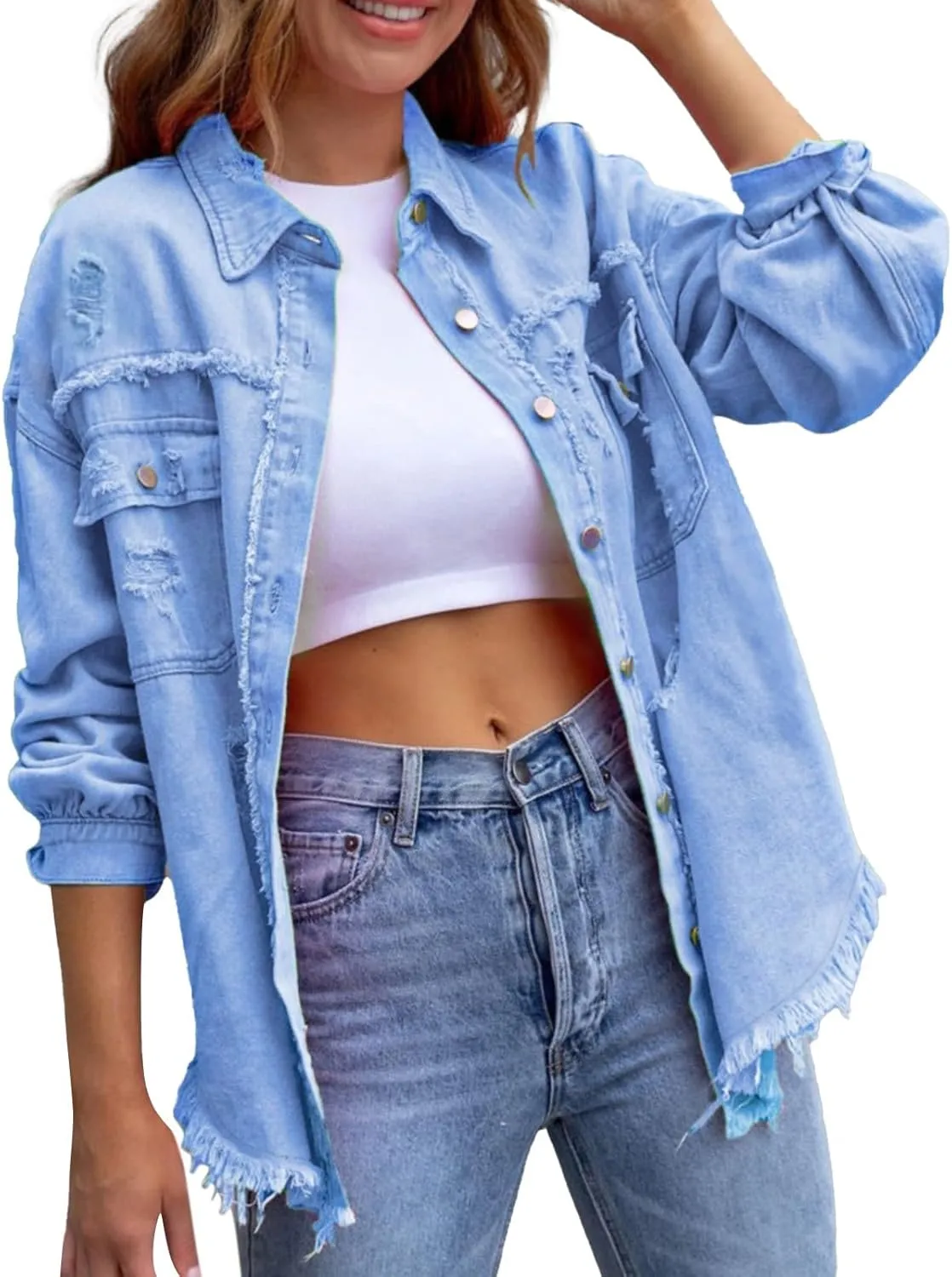 Women's Oversized Ripped Denim Jacket Button Down Boyfriend Jean Coat Casual Long Shacket Trucker Jacket Autumn