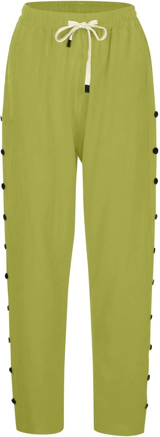 Women's Pants, Linen Straight Leg Peasant Pants Casual Relaxed Side Button Trendy