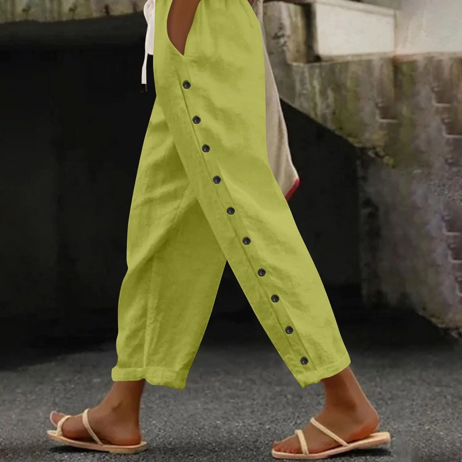 Women's Pants, Linen Straight Leg Peasant Pants Casual Relaxed Side Button Trendy