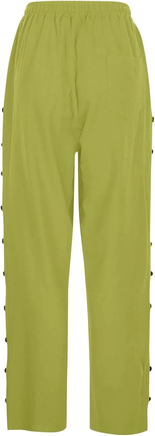 Women's Pants, Linen Straight Leg Peasant Pants Casual Relaxed Side Button Trendy