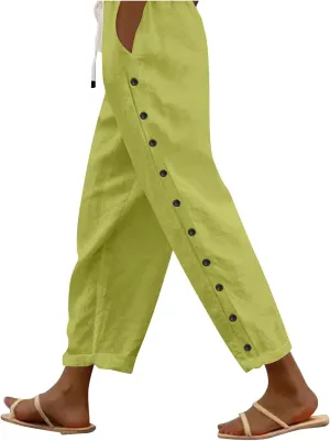 Women's Pants, Linen Straight Leg Peasant Pants Casual Relaxed Side Button Trendy