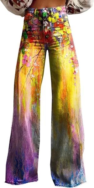 Womens Plus Size JeansWomen's Flare Wide Leg Jeans 2025 High Waisted Denim Vintage Floral Printed Pants Casual Colorful Straight Trouser