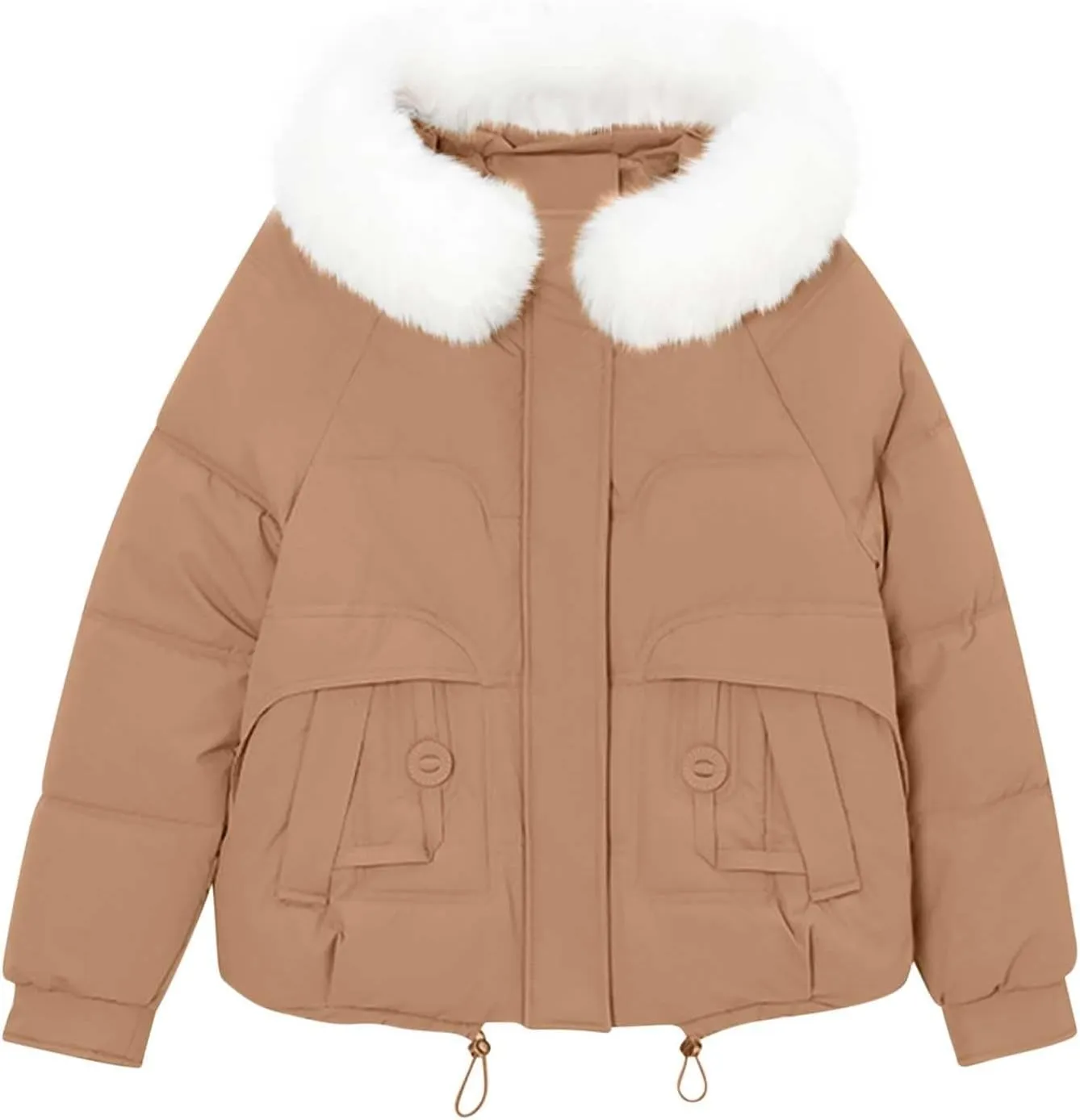 Women's Puffer Jacket - Winter Warm Quilted Down Coat with Detachable Faux Fur Trim Hood - Thickened Outerwear for Women