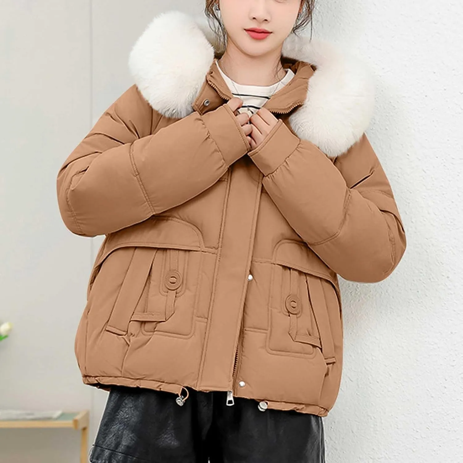Women's Puffer Jacket - Winter Warm Quilted Down Coat with Detachable Faux Fur Trim Hood - Thickened Outerwear for Women