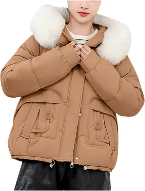 Women's Puffer Jacket - Winter Warm Quilted Down Coat with Detachable Faux Fur Trim Hood - Thickened Outerwear for Women