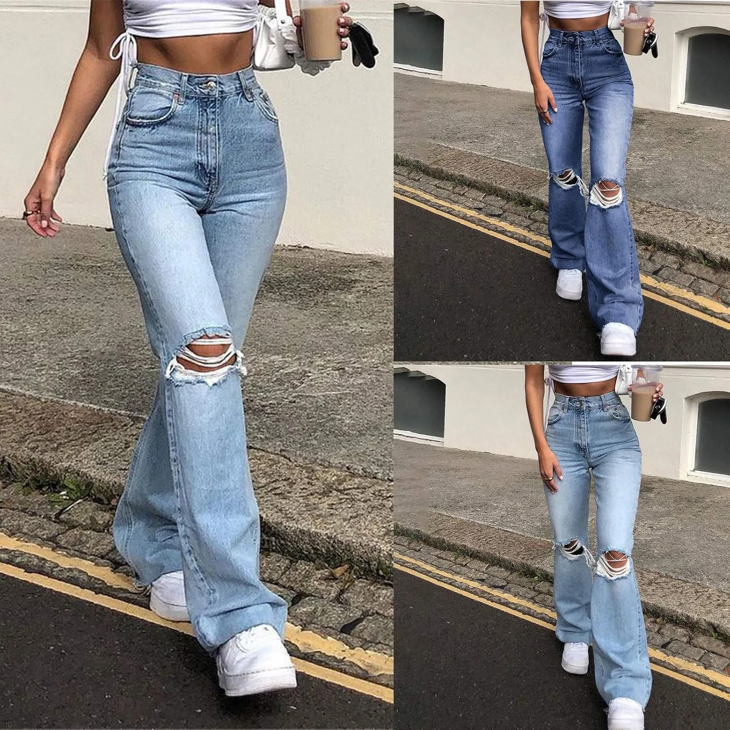 Womens Ripped Jeans High Waisted Y2K Casual Cutout Vintage Denim Long Pants Baggy Wide Leg Summer Pants for Women