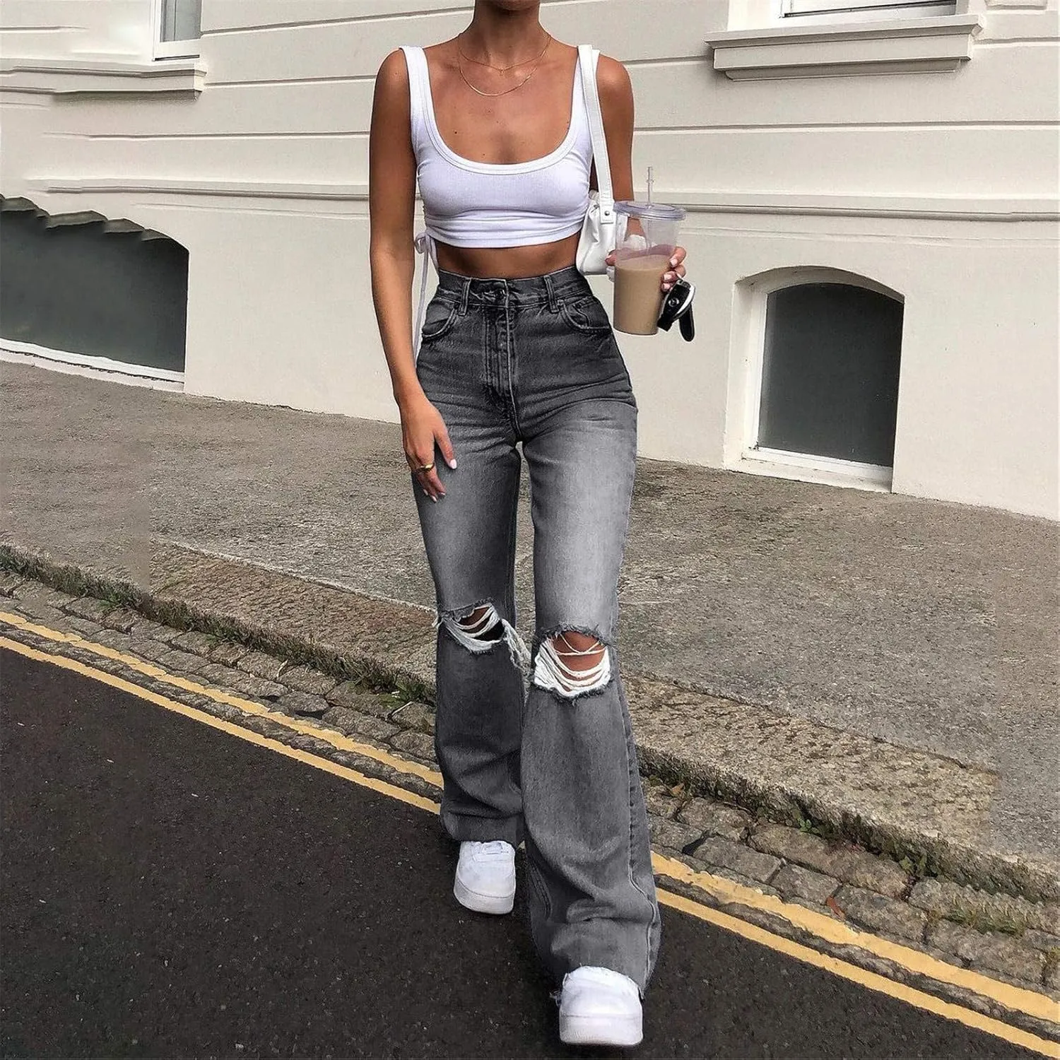 Womens Ripped Jeans High Waisted Y2K Casual Cutout Vintage Denim Long Pants Baggy Wide Leg Summer Pants for Women