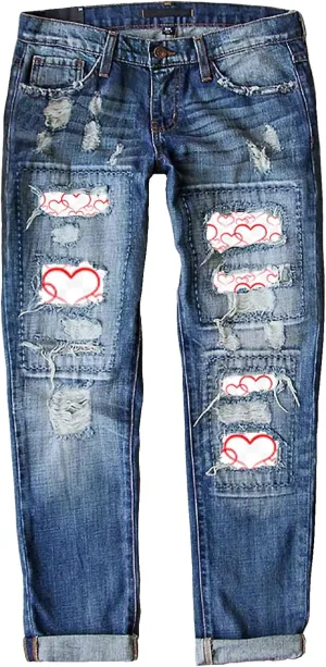 Womens Ripped Jeans Plaid Patch Boyfriend Skinny Middle Waist Distressed Denim Jean Pants