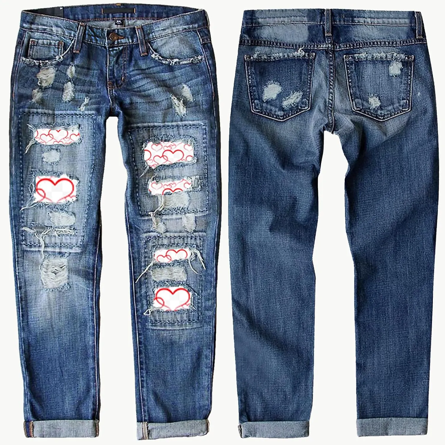 Womens Ripped Jeans Plaid Patch Boyfriend Skinny Middle Waist Distressed Denim Jean Pants