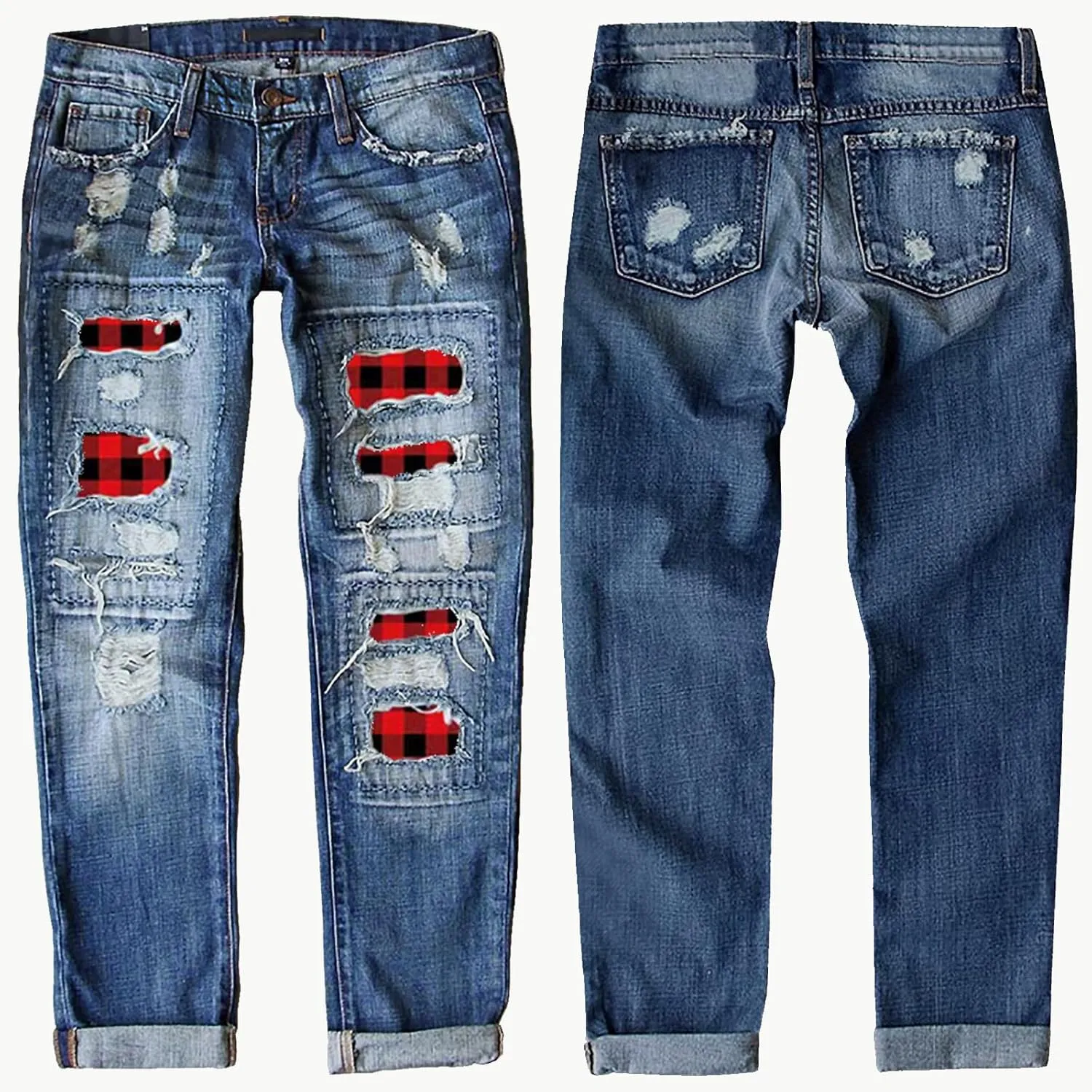 Womens Ripped Jeans Plaid Patch Boyfriend Skinny Middle Waist Distressed Denim Jean Pants