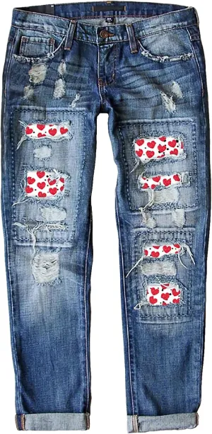 Womens Ripped Jeans Plaid Patch Boyfriend Skinny Middle Waist Distressed Denim Jean Pants