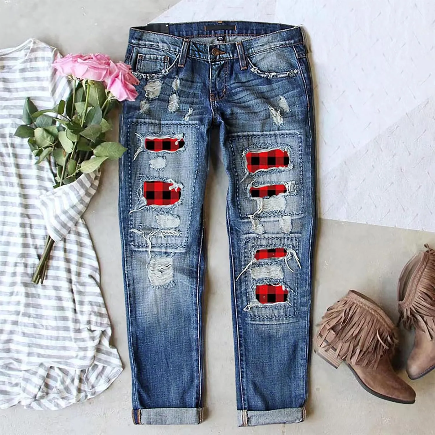 Womens Ripped Jeans Plaid Patch Boyfriend Skinny Middle Waist Distressed Denim Jean Pants