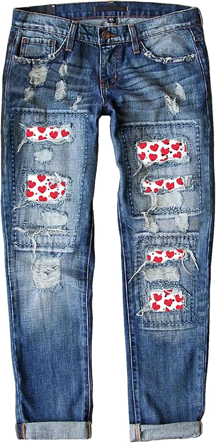 Womens Ripped Jeans Plaid Patch Boyfriend Skinny Middle Waist Distressed Denim Jean Pants