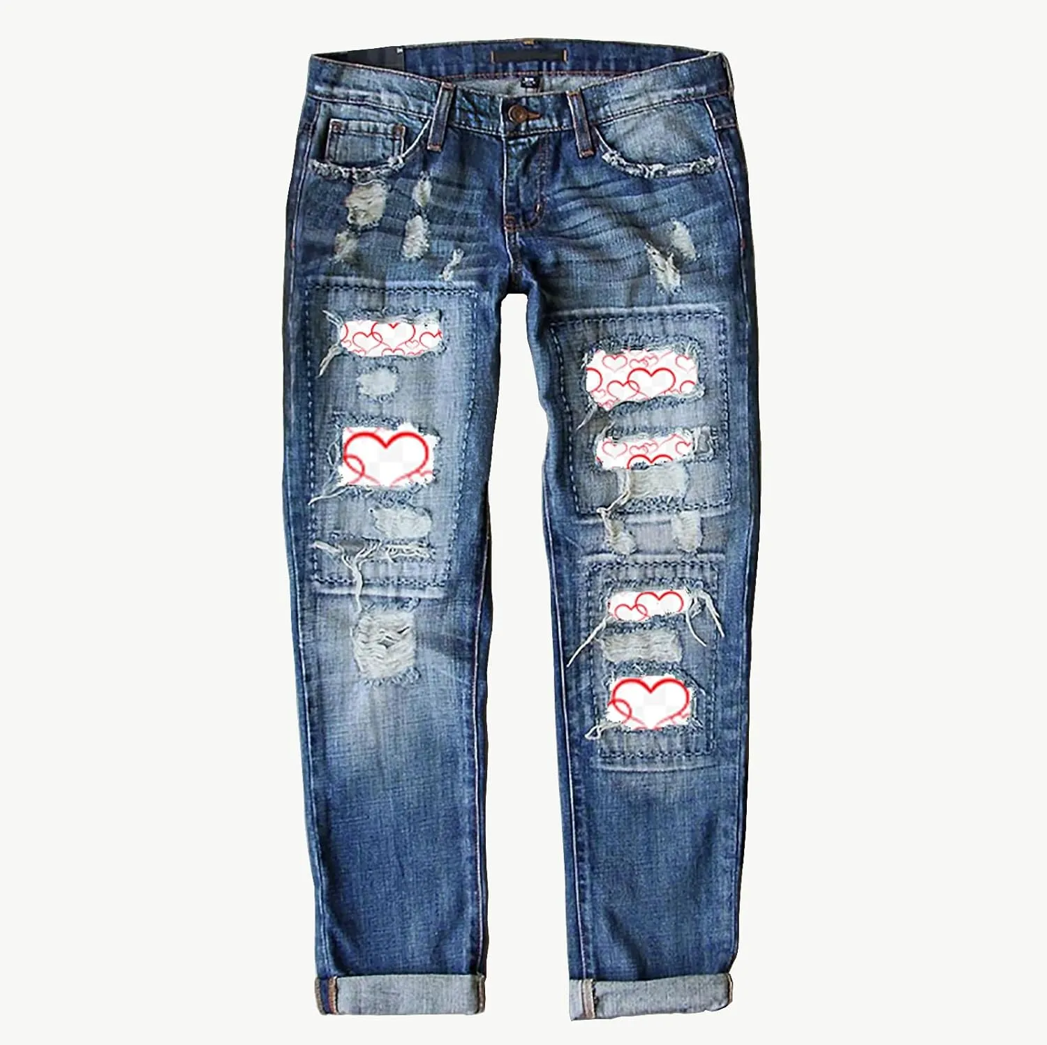 Womens Ripped Jeans Plaid Patch Boyfriend Skinny Middle Waist Distressed Denim Jean Pants