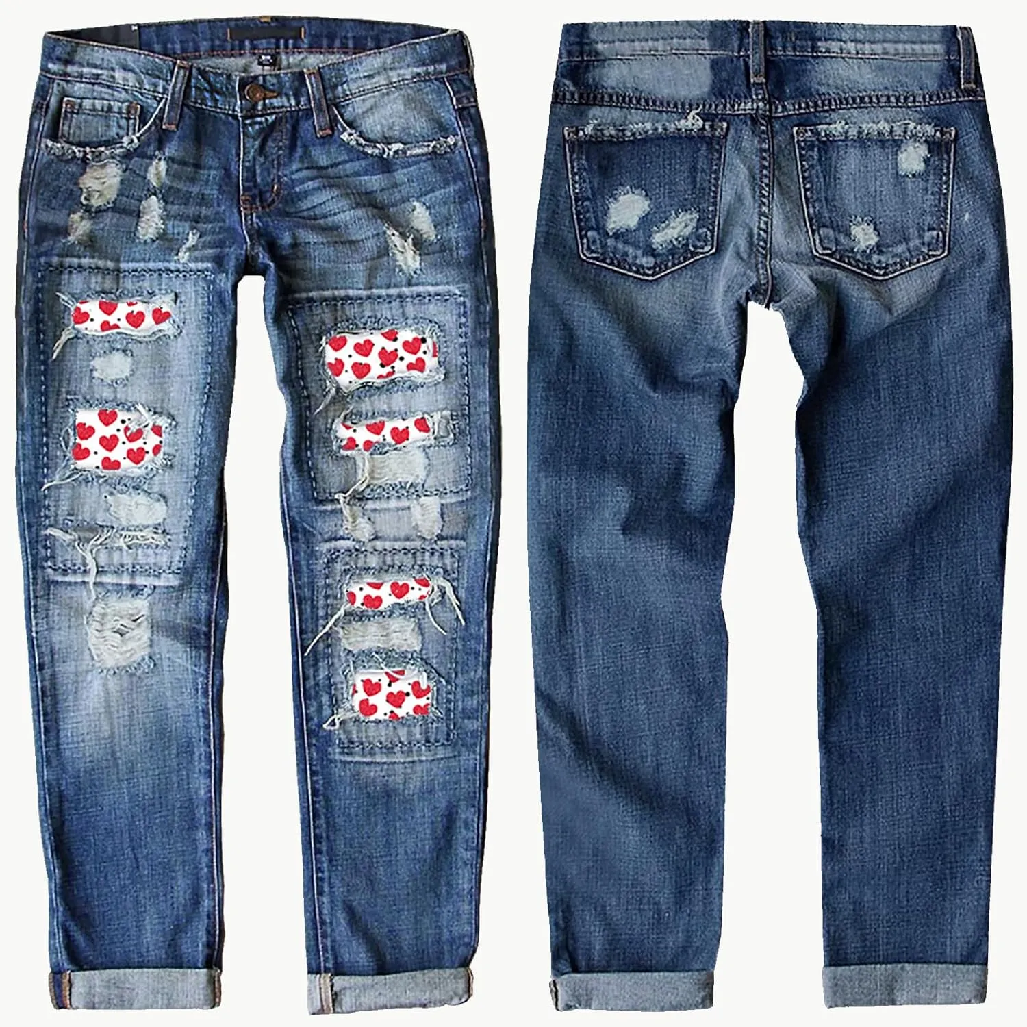Womens Ripped Jeans Plaid Patch Boyfriend Skinny Middle Waist Distressed Denim Jean Pants