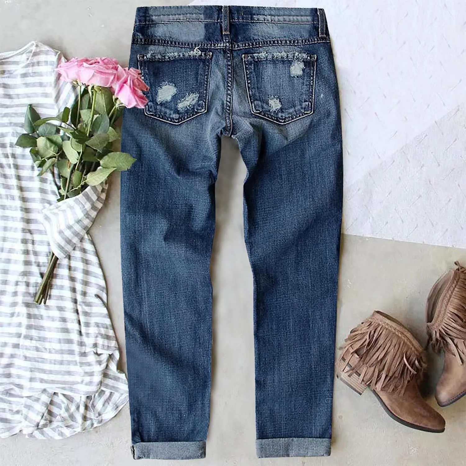 Womens Ripped Jeans Plaid Patch Boyfriend Skinny Middle Waist Distressed Denim Jean Pants
