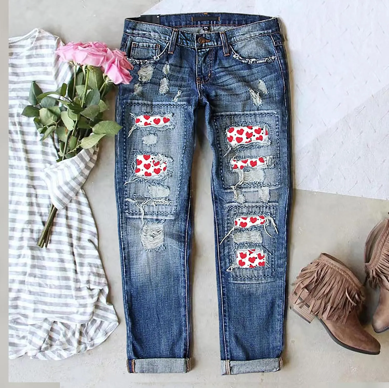 Womens Ripped Jeans Plaid Patch Boyfriend Skinny Middle Waist Distressed Denim Jean Pants
