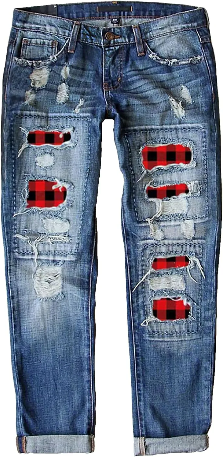 Womens Ripped Jeans Plaid Patch Boyfriend Skinny Middle Waist Distressed Denim Jean Pants