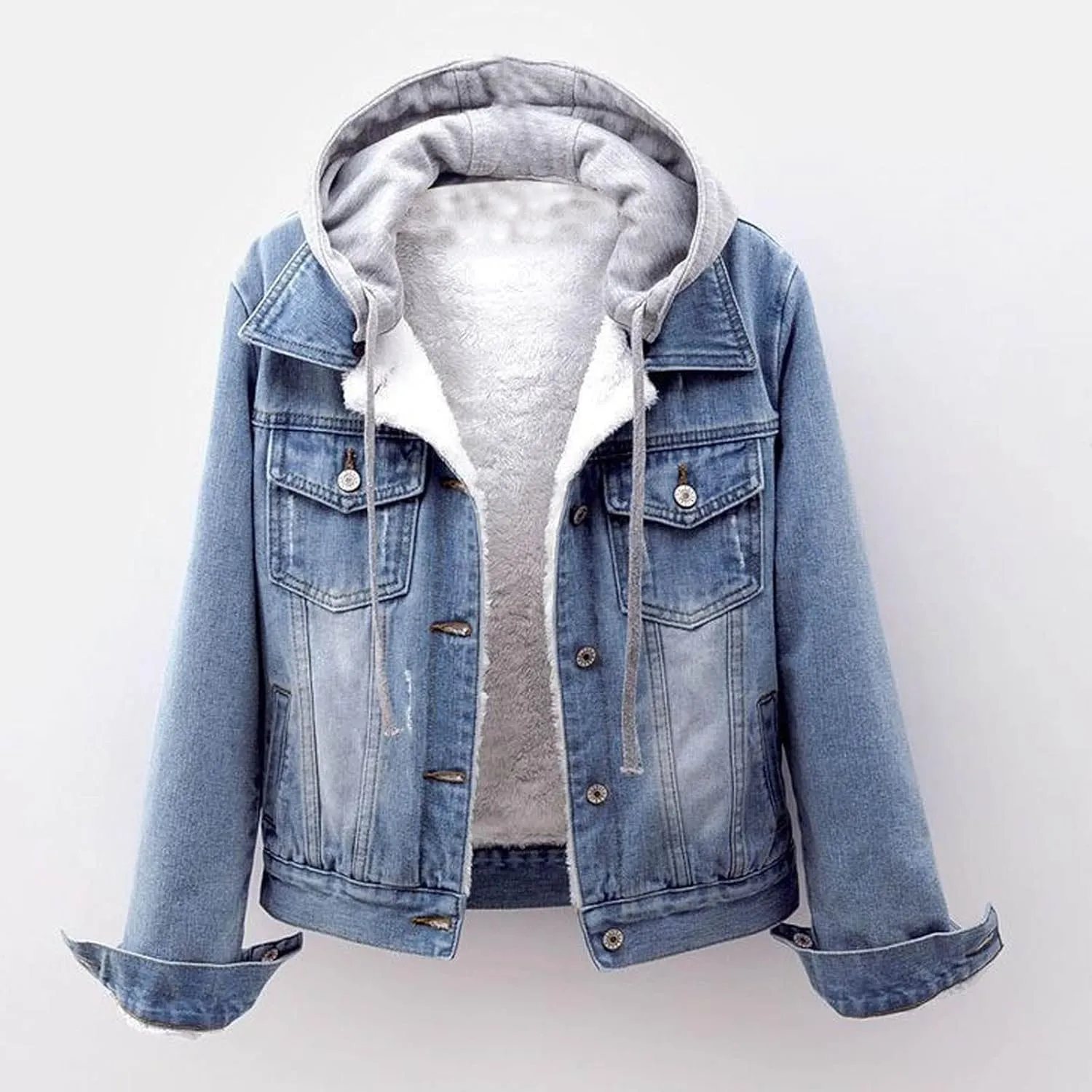 Women's Sherpa Denim Jacket Hooded Fleece Lined Winter Coats Fashion Boyfriend Trucker Jean Jacket with Pocket