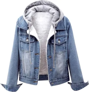 Women's Sherpa Denim Jacket Hooded Fleece Lined Winter Coats Fashion Boyfriend Trucker Jean Jacket with Pocket