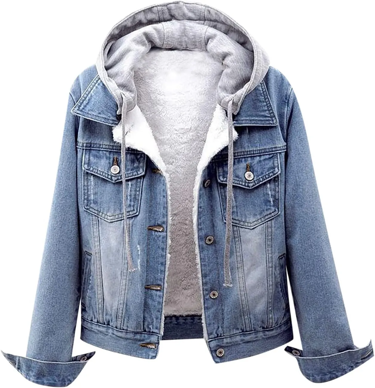 Women's Sherpa Denim Jacket Hooded Fleece Lined Winter Coats Fashion Boyfriend Trucker Jean Jacket with Pocket