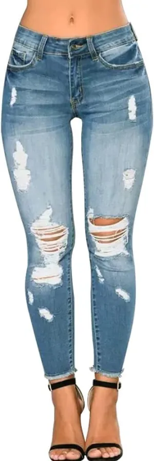 Women's Skinny Ripped Jeans Distressed Destroyed Stretchy Trendy High Waisted Denim Pants