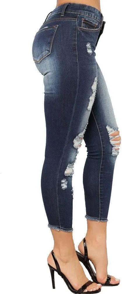 Women's Skinny Ripped Jeans Distressed Destroyed Stretchy Trendy High Waisted Denim Pants