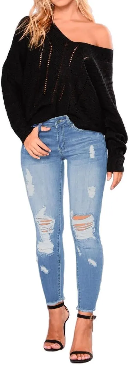 Women's Skinny Ripped Jeans Distressed Destroyed Stretchy Trendy High Waisted Denim Pants