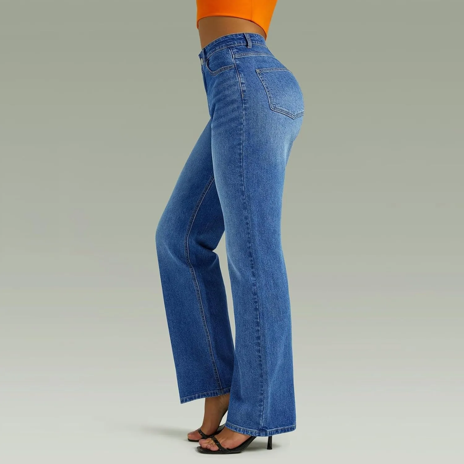 Womens Straight Leg Jeans High Waisted Trendy Welt Stretchy Baggy Loose Denim Pants with Pockets