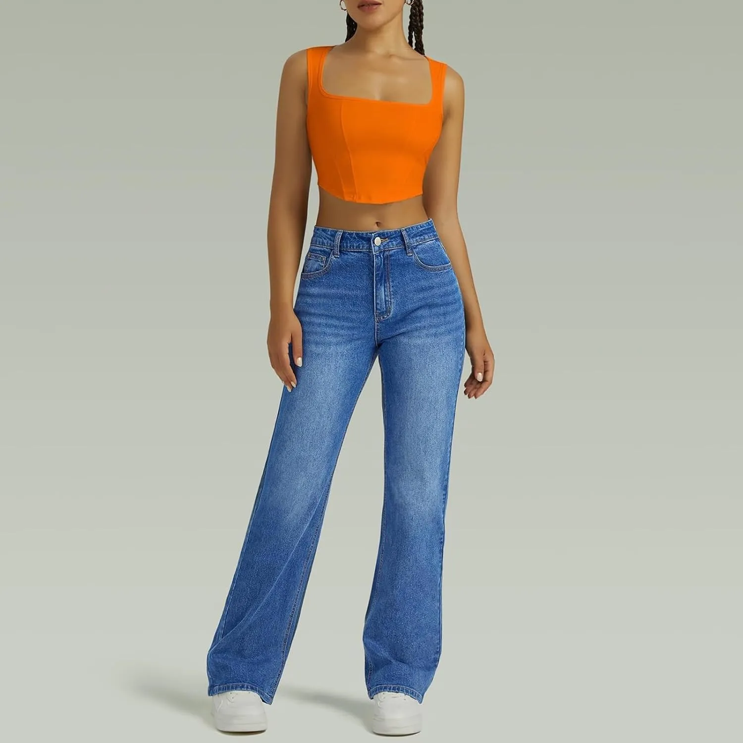 Womens Straight Leg Jeans High Waisted Trendy Welt Stretchy Baggy Loose Denim Pants with Pockets