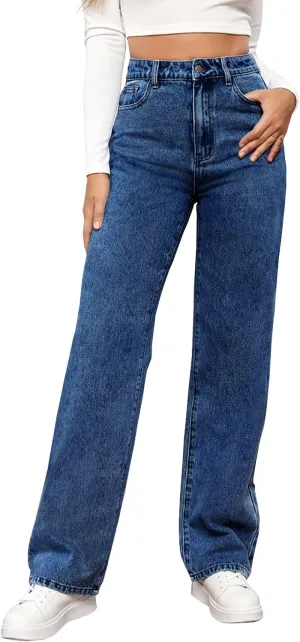 Women's Straight Leg Jeans Tummy Control Trendy High Waisted Stretchy Casual Denim Pants Baggy Trousers