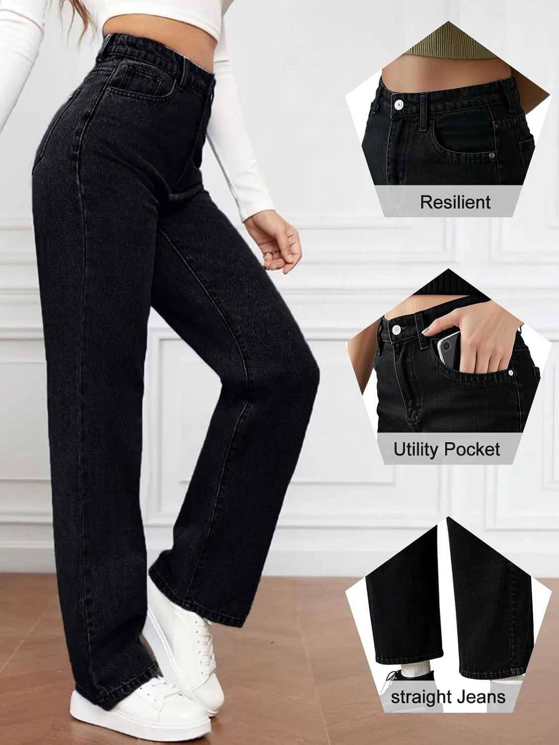 Women's Straight Leg Jeans Tummy Control Trendy High Waisted Stretchy Casual Denim Pants Baggy Trousers