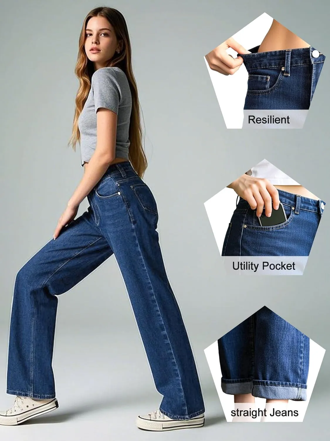 Women's Straight Leg Jeans Tummy Control Trendy High Waisted Stretchy Casual Denim Pants Baggy Trousers