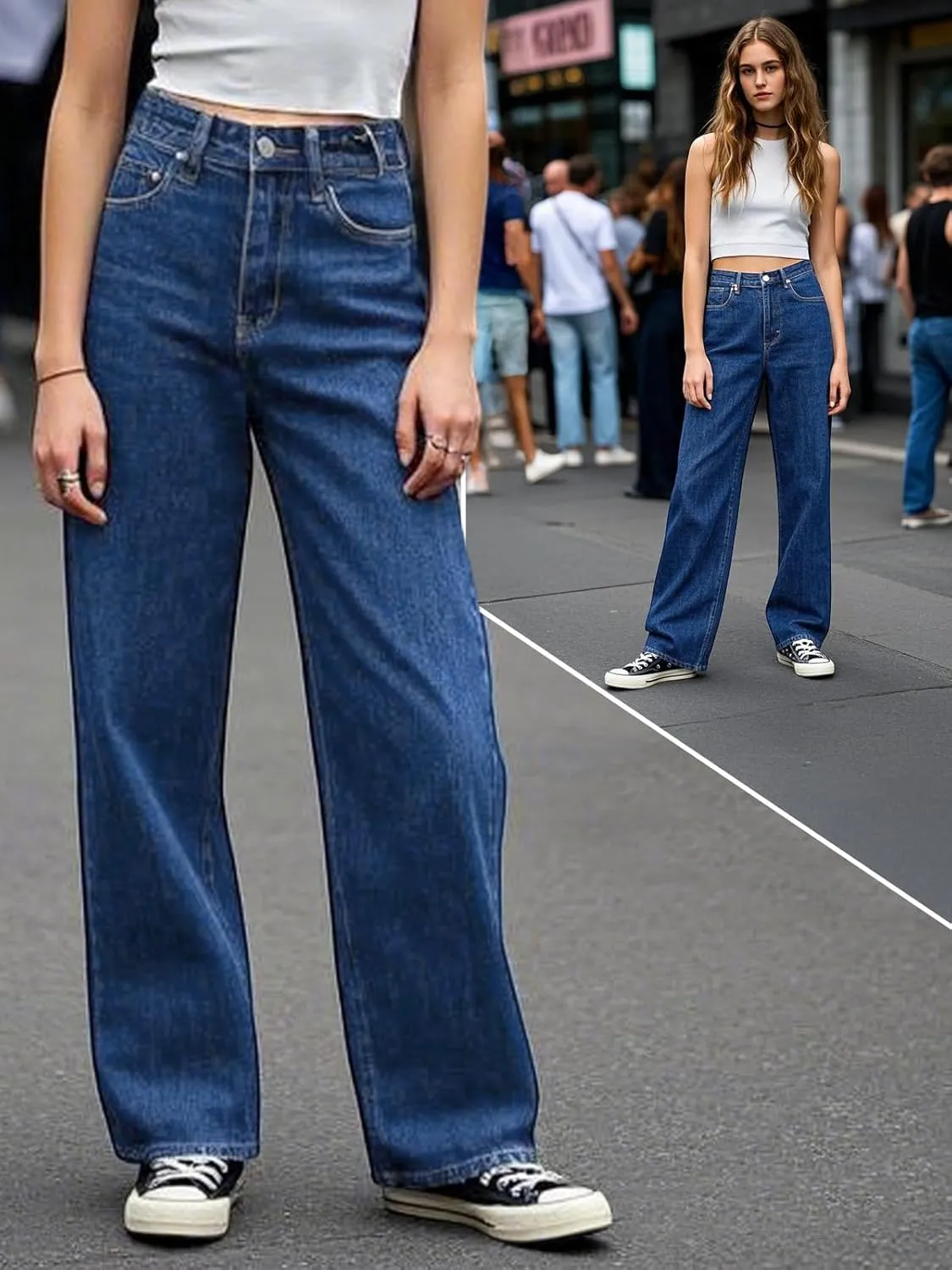 Women's Straight Leg Jeans Tummy Control Trendy High Waisted Stretchy Casual Denim Pants Baggy Trousers