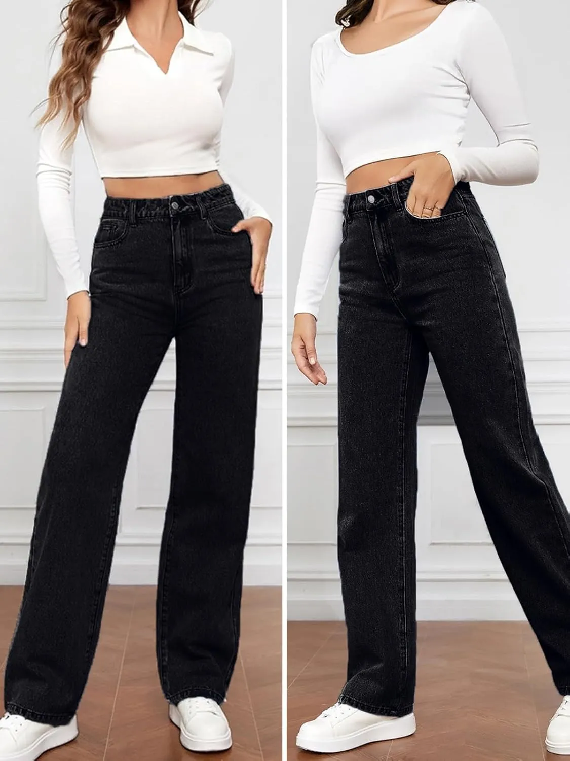 Women's Straight Leg Jeans Tummy Control Trendy High Waisted Stretchy Casual Denim Pants Baggy Trousers