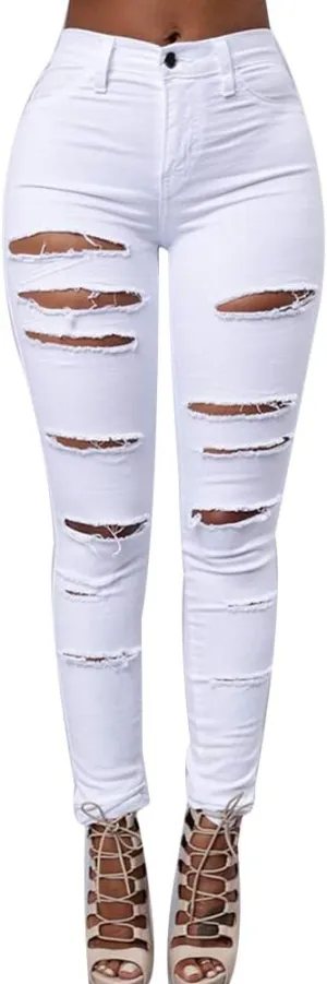Women's Stretch High Waisted Ripped Jeans Skinny Distressed Pencil Denim Pants