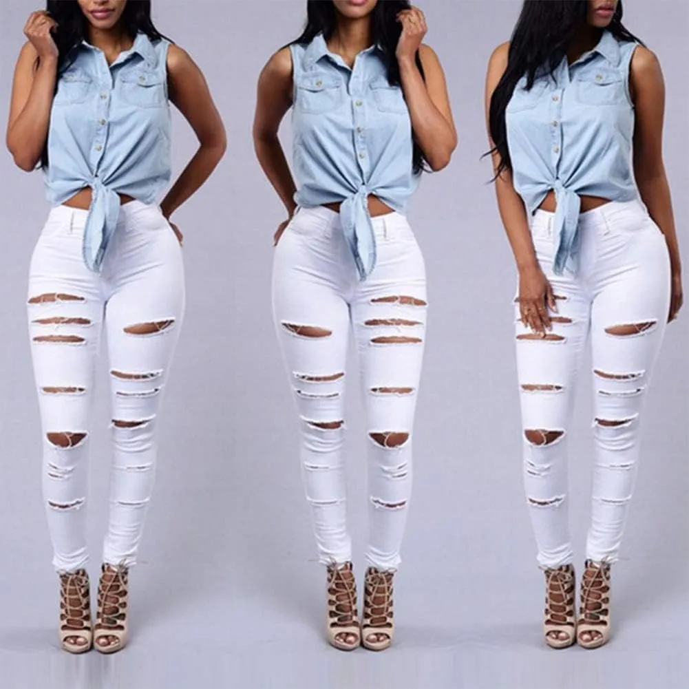 Women's Stretch High Waisted Ripped Jeans Skinny Distressed Pencil Denim Pants