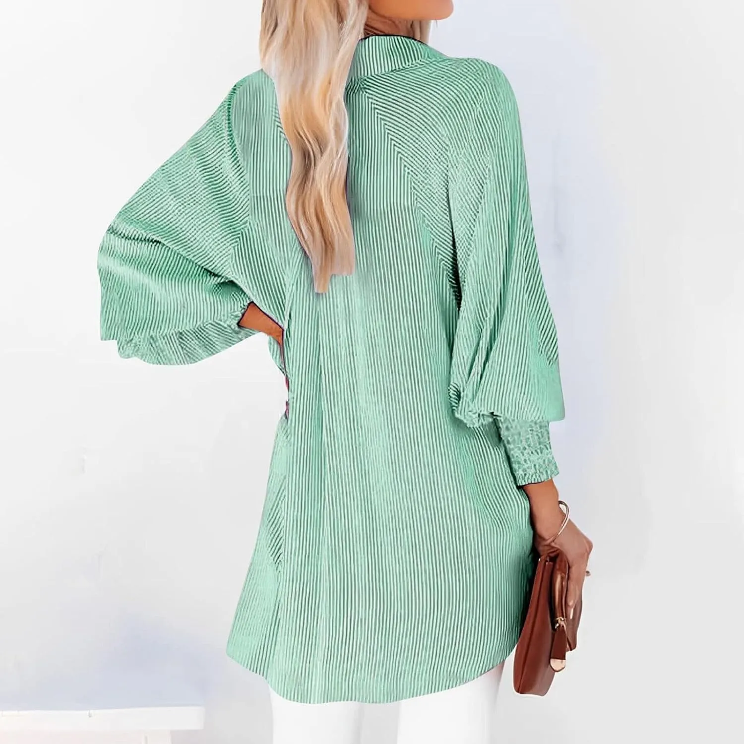 Women's Striped Button Down Shirts Puff Sleeve Oversized Blouses Boyfriends Loose Tunics Business Work Tops