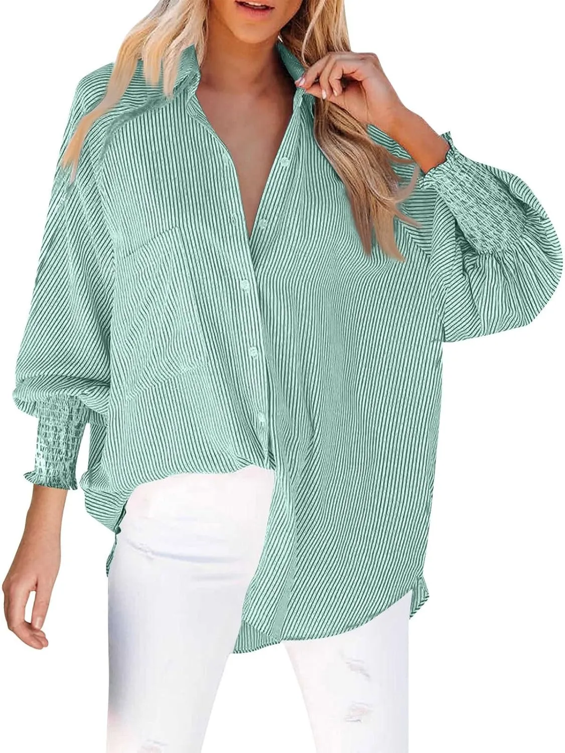 Women's Striped Button Down Shirts Puff Sleeve Oversized Blouses Boyfriends Loose Tunics Business Work Tops