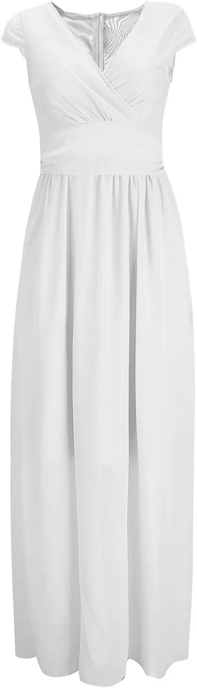 Womens Summer Chiffon Short Slit Sleeve V Neck Ruffled Wrap Wedding Bridesmaid Long Maxi Dresses for Women Summer