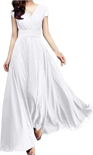 Womens Summer Chiffon Short Slit Sleeve V Neck Ruffled Wrap Wedding Bridesmaid Long Maxi Dresses for Women Summer