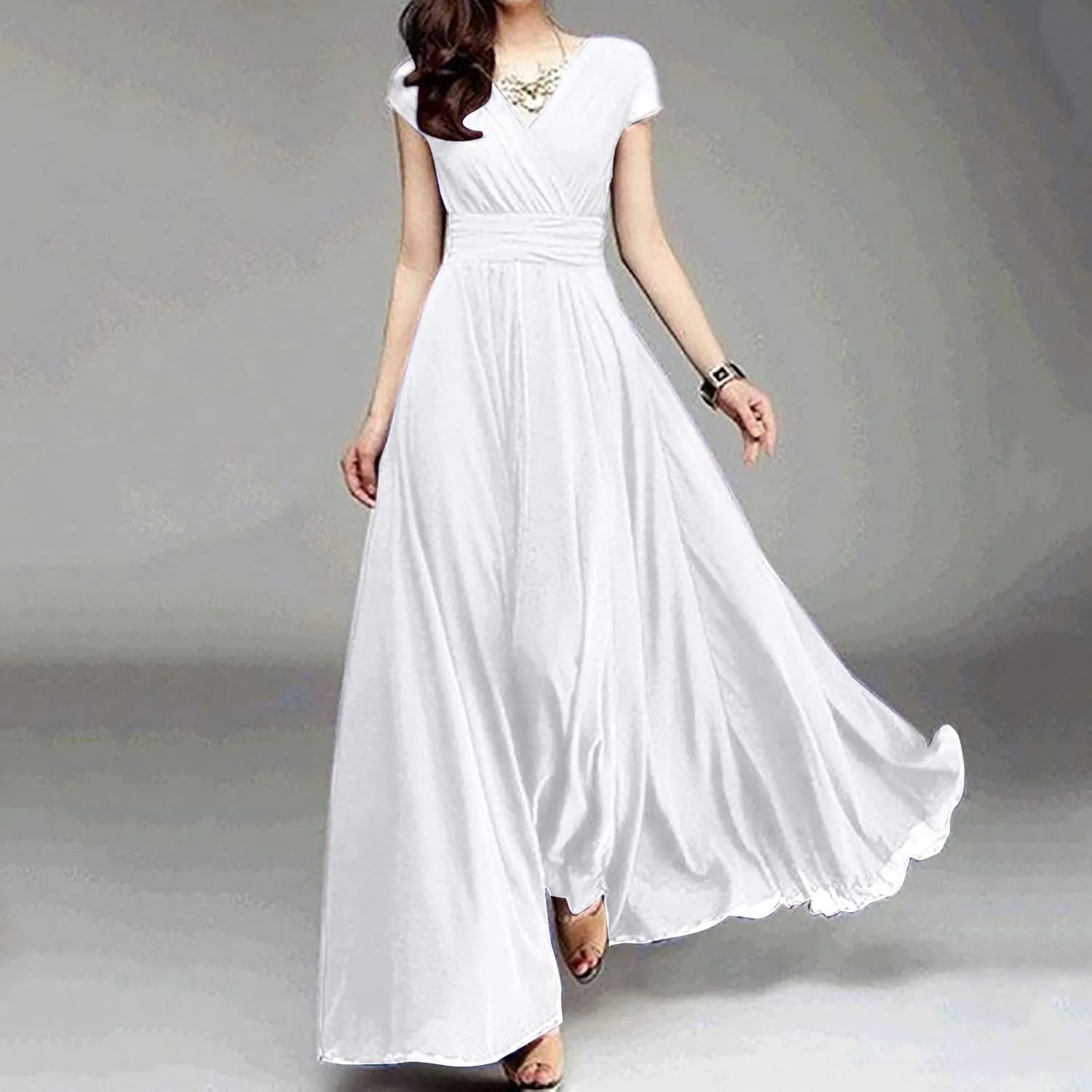 Womens Summer Chiffon Short Slit Sleeve V Neck Ruffled Wrap Wedding Bridesmaid Long Maxi Dresses for Women Summer