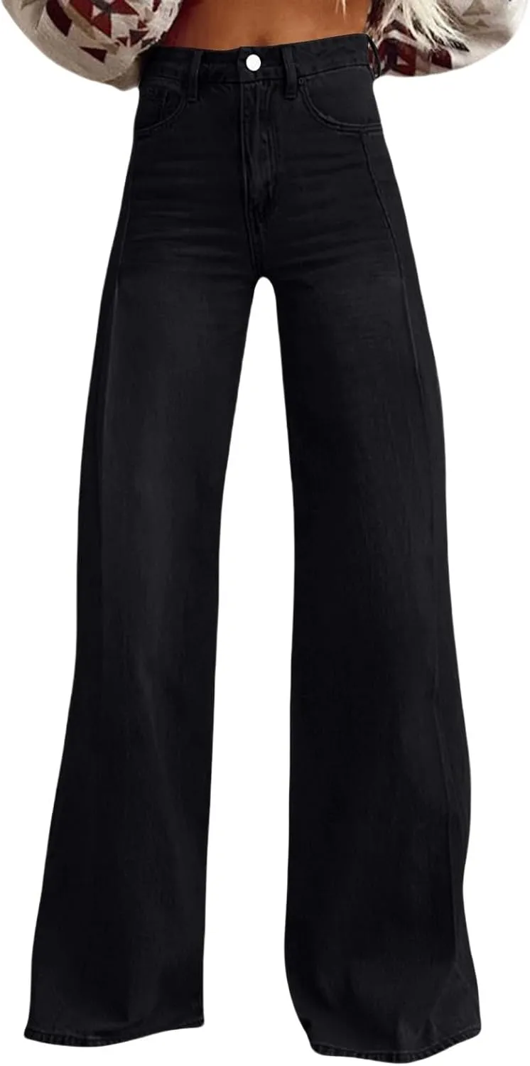 Women's Wide Leg Jeans Casual Loose Solid Color High Waisted Flare Baggy Jean Stretch Denim Pants
