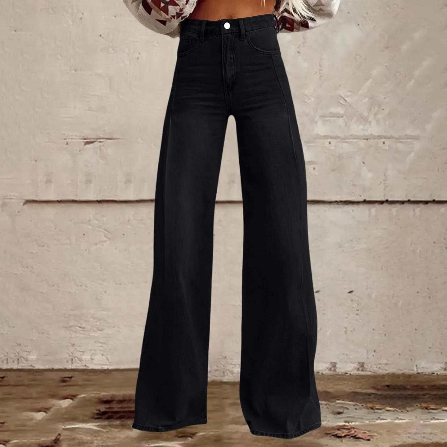 Women's Wide Leg Jeans Casual Loose Solid Color High Waisted Flare Baggy Jean Stretch Denim Pants