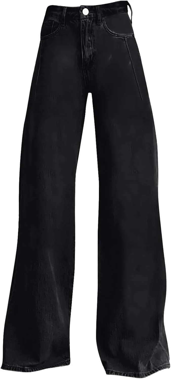 Women's Wide Leg Jeans Casual Loose Solid Color High Waisted Flare Baggy Jean Stretch Denim Pants