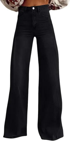 Women's Wide Leg Jeans Casual Loose Solid Color High Waisted Flare Baggy Jean Stretch Denim Pants